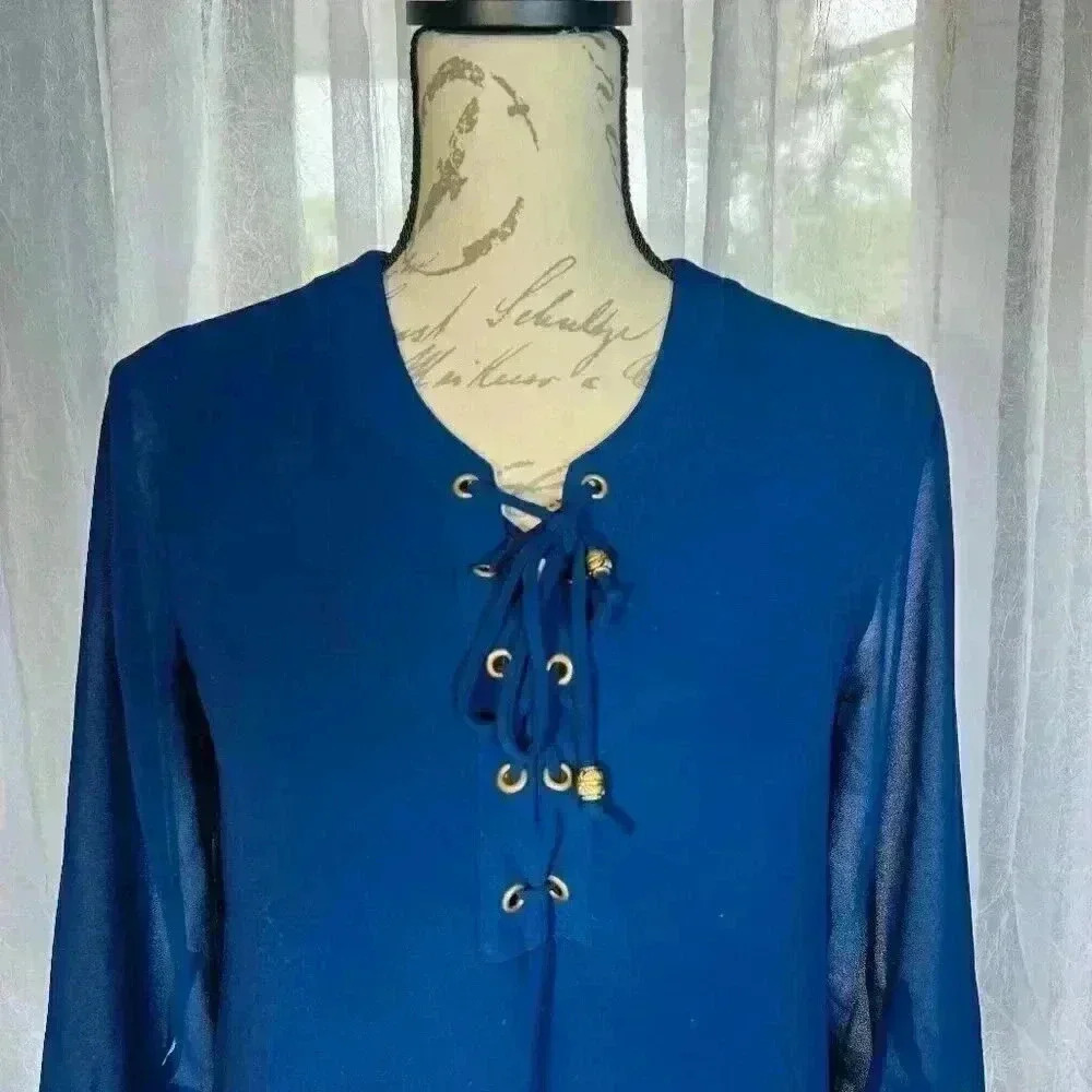 BCX DRESS Size M Womens Blue Lined Tie front Pullover 3/4 sleeve tunic